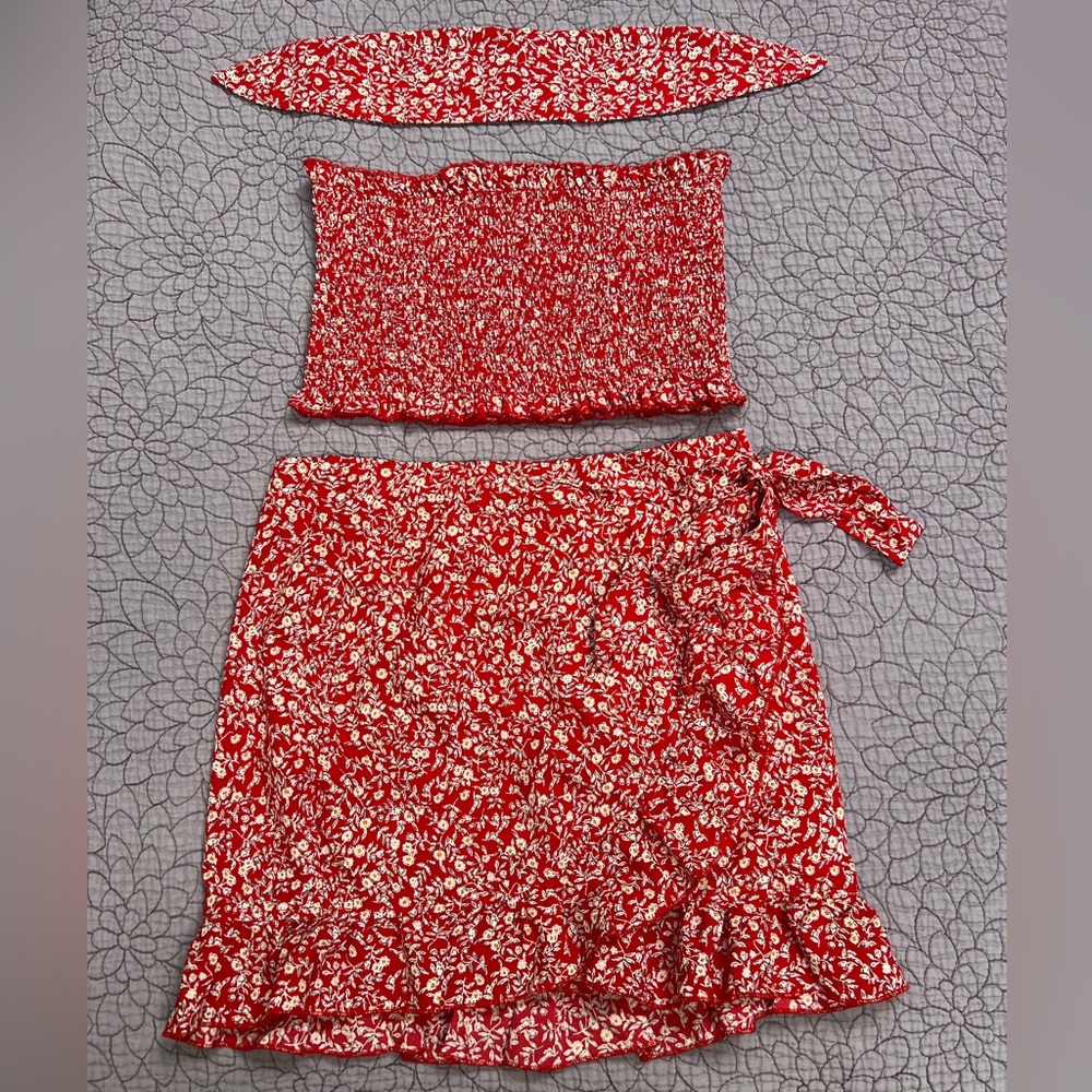 Floral Red Skirt Set with matching tie/bow